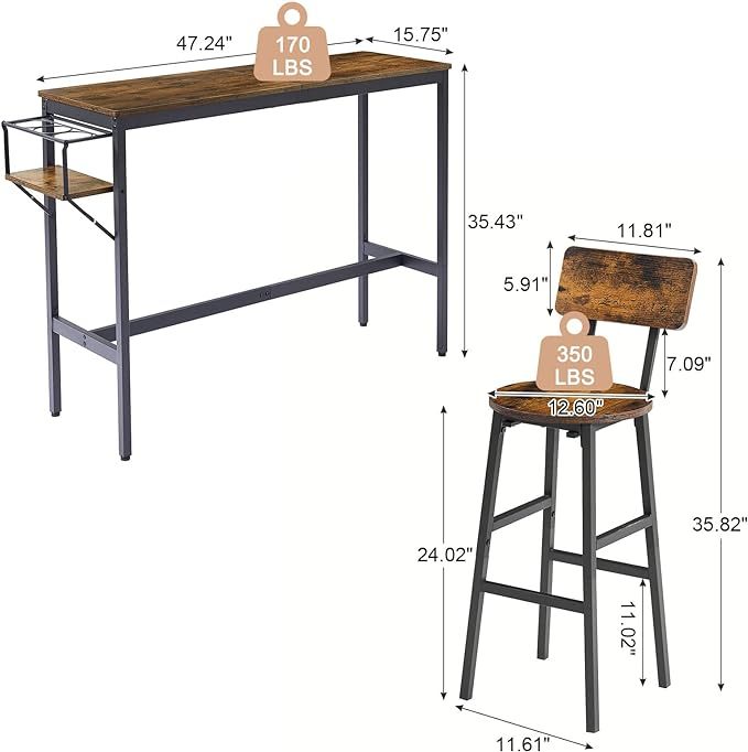 3-Piece Bar Table and Chairs Set, High Top Pub Table with Folding Wine Rack & 2 Wooden Stools