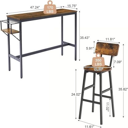 3-Piece Bar Table and Chairs Set, High Top Pub Table with Folding Wine Rack & 2 Wooden Stools