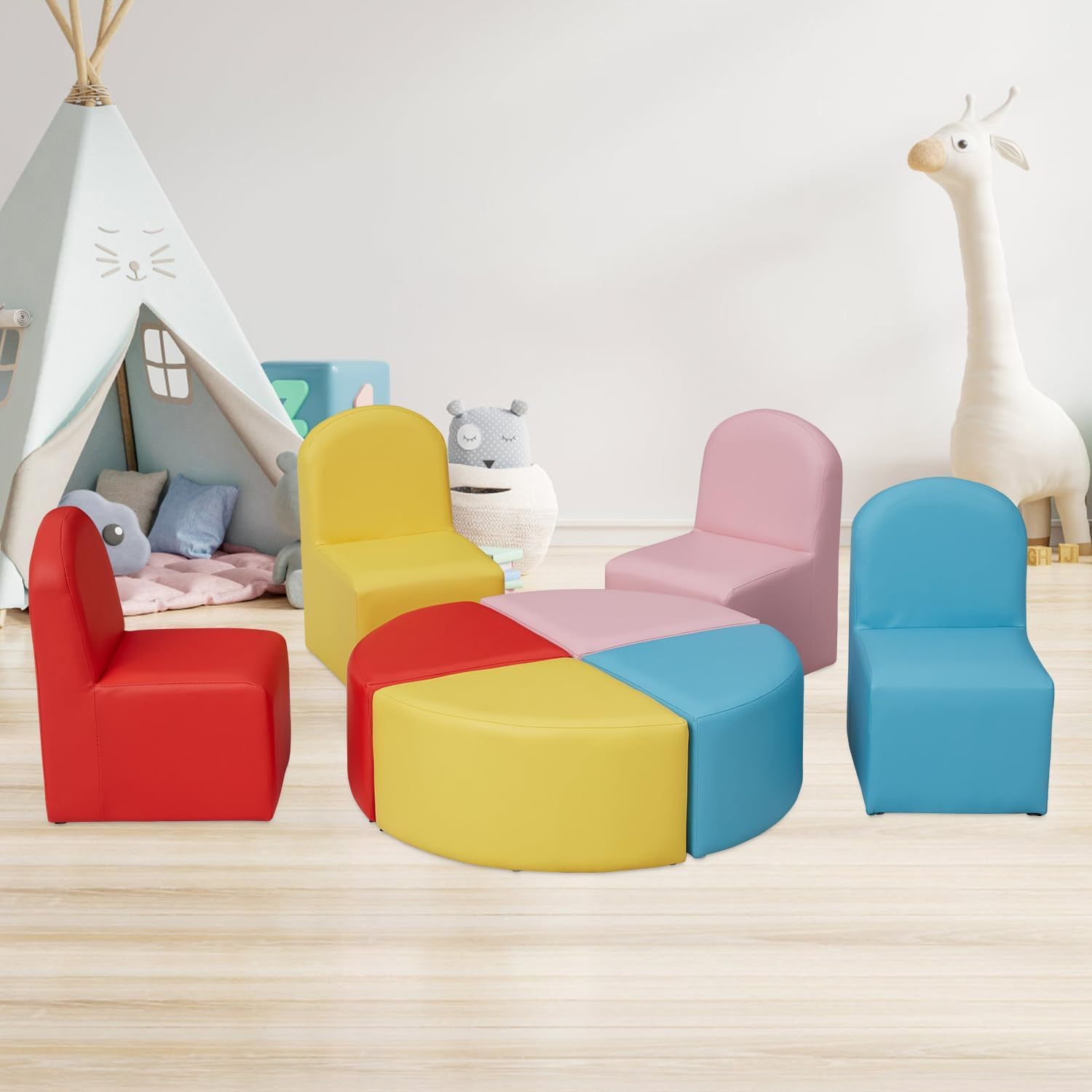 Kids Sofa Seating Set Convert to Table and 4 Chairs Colorful Stools