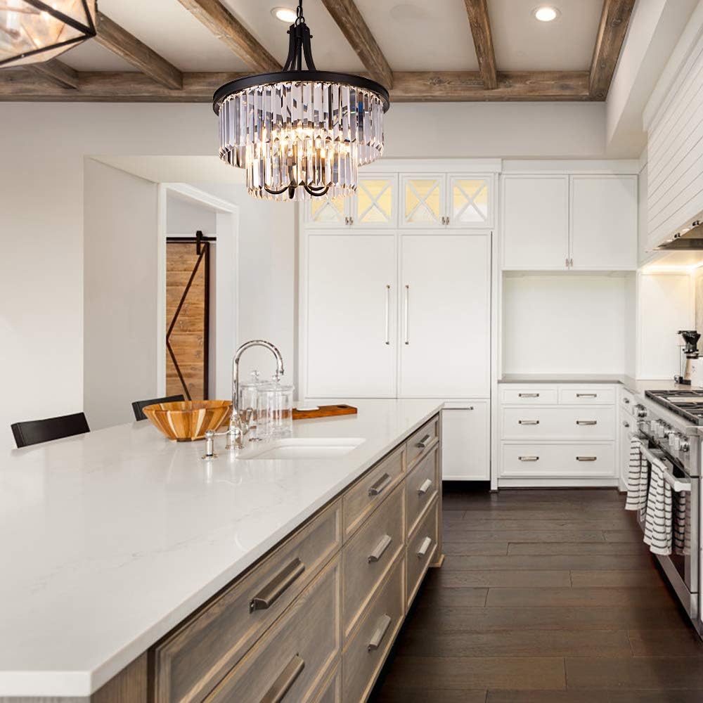 Crystal Chandelier, Modern 5 Light Foyer Chandeliers, Hanging Black Pendant Lights with Prism Crystal Shades, Farmhouse Ceiling Lighting Fixture for Kitchen Island, Dining Living Room, Bedroom