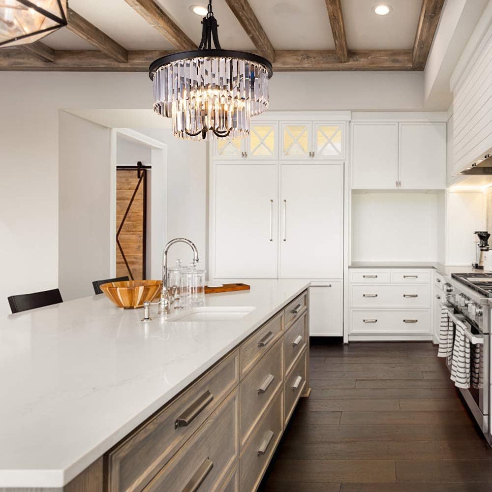 Crystal Chandelier, Modern 5 Light Foyer Chandeliers, Hanging Black Pendant Lights with Prism Crystal Shades, Farmhouse Ceiling Lighting Fixture for Kitchen Island, Dining Living Room, Bedroom