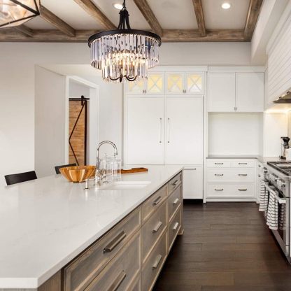 Crystal Chandelier, Modern 5 Light Foyer Chandeliers, Hanging Black Pendant Lights with Prism Crystal Shades, Farmhouse Ceiling Lighting Fixture for Kitchen Island, Dining Living Room, Bedroom