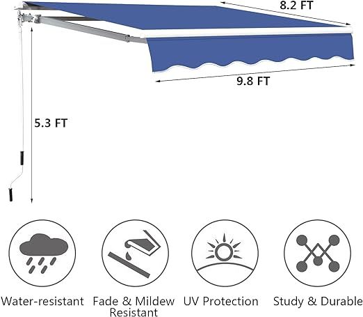 9.8'x8.2' Patio Awning Retractable Awning Cover Sunshade Shelter Outdoor Canopy with Crank Handle and Water-Resistant Polyester for Courtyard, Balcony, Shop, Restaurant, Cafe, Deck
