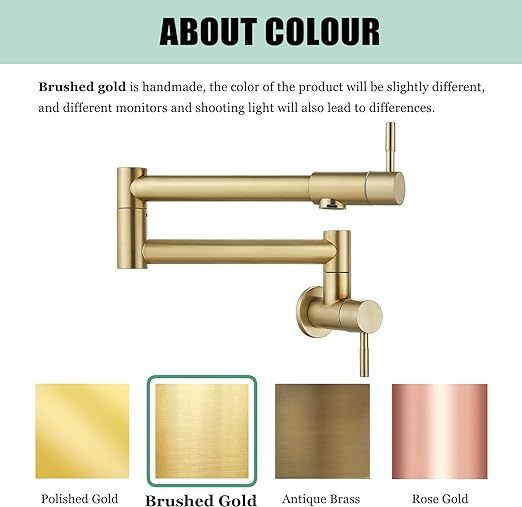 Brushed Gold Pot Filler Faucet 19 Inch Folding Stretchable Wall Mount Kitchen Restaurant Faucet SUS304 Stainless Steel with Double Joint Swing Arm Single Hole Two Handles Commercial NPT