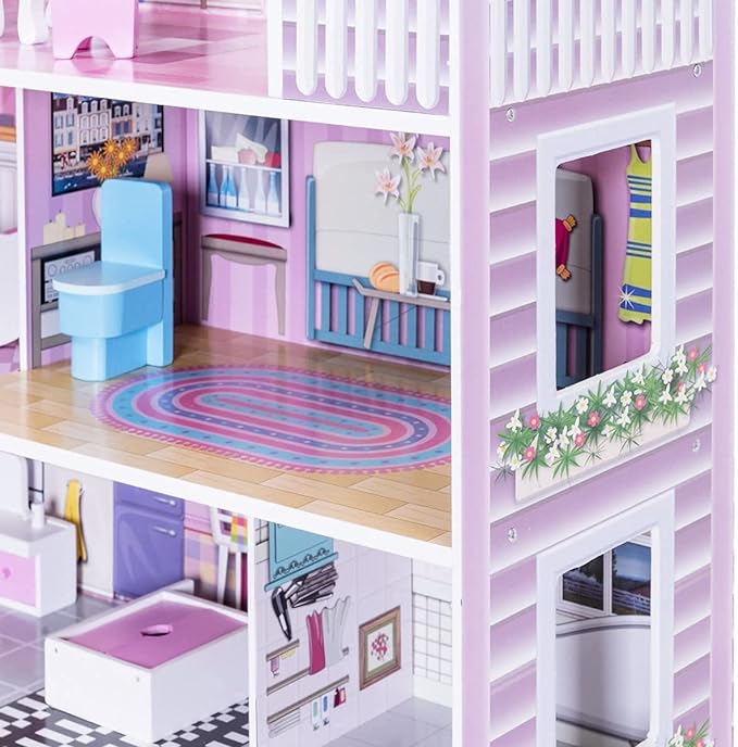 Dollhouse with 8 Pcs Furniture, 3-Level Wooden Dream Doll House