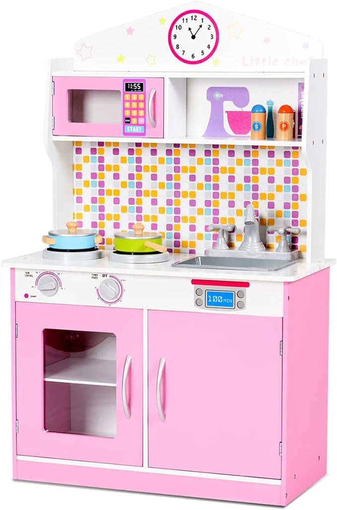 Pink Kids Kitchen Playset, Pretend Play Kitchen for Toddlers