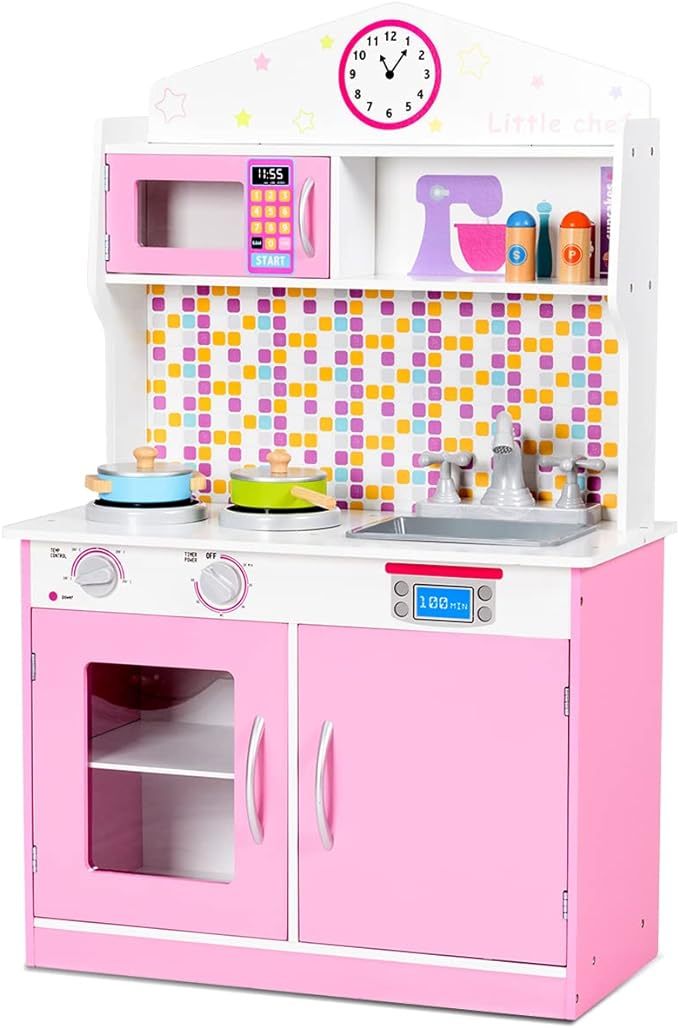 Pink Kids Kitchen Playset, Pretend Play Kitchen for Toddlers