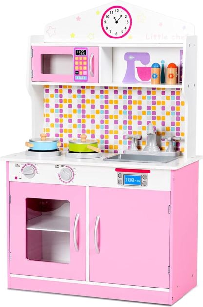 Pink Kids Kitchen Playset, Pretend Play Kitchen for Toddlers