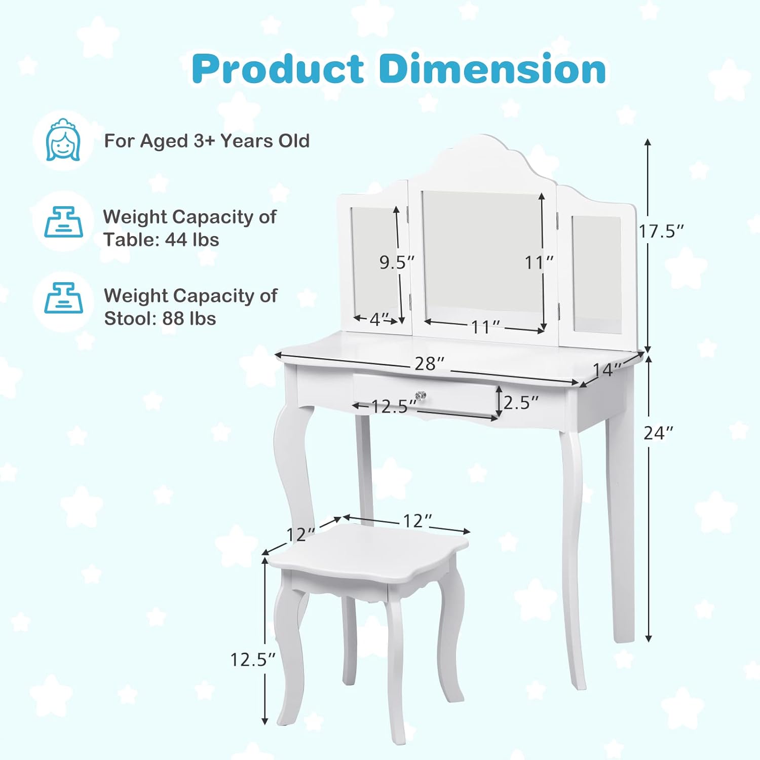 Kids Vanity Set with Mirror, 2-in-1 Wooden Toddler Vanity Table with Stool