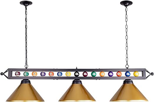 Pool Table Light,59”Billiards Lights for 7' 8' 9' Table, Hanging Over Pool Table Light with Gold Shade and Billiard Ball Decor