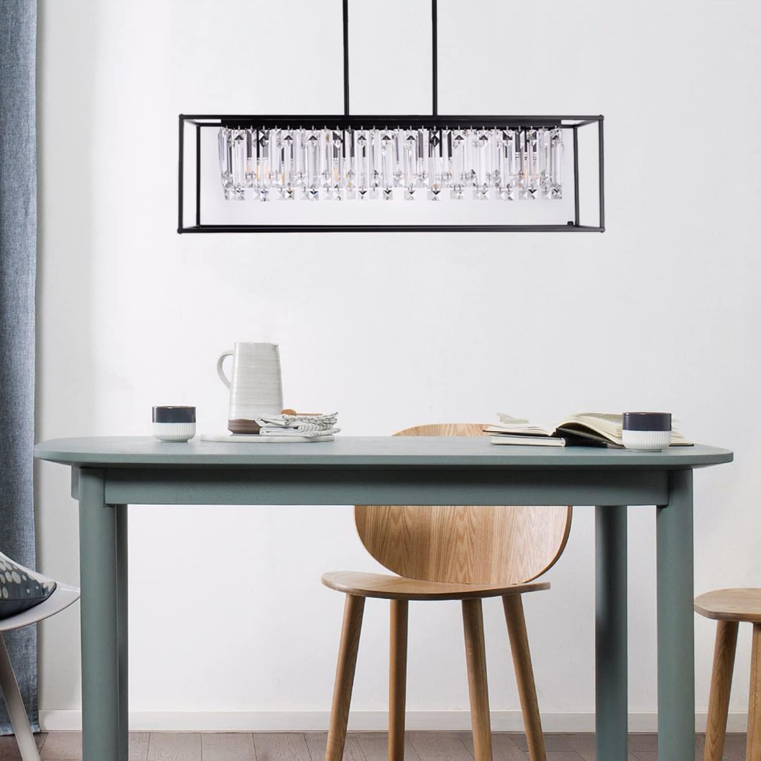 Farmhouse Chandelier for Kitchen Island Light with K9 Crystal, Black Rectangle Dining Room Lighting Fixtures Hanging