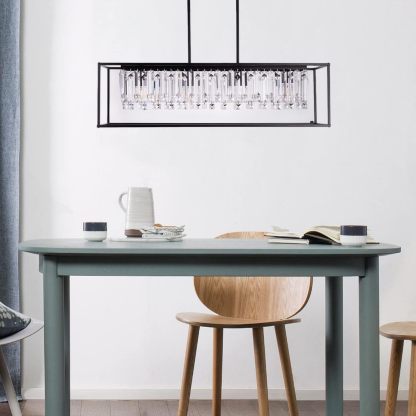 Farmhouse Chandelier for Kitchen Island Light with K9 Crystal, Black Rectangle Dining Room Lighting Fixtures Hanging