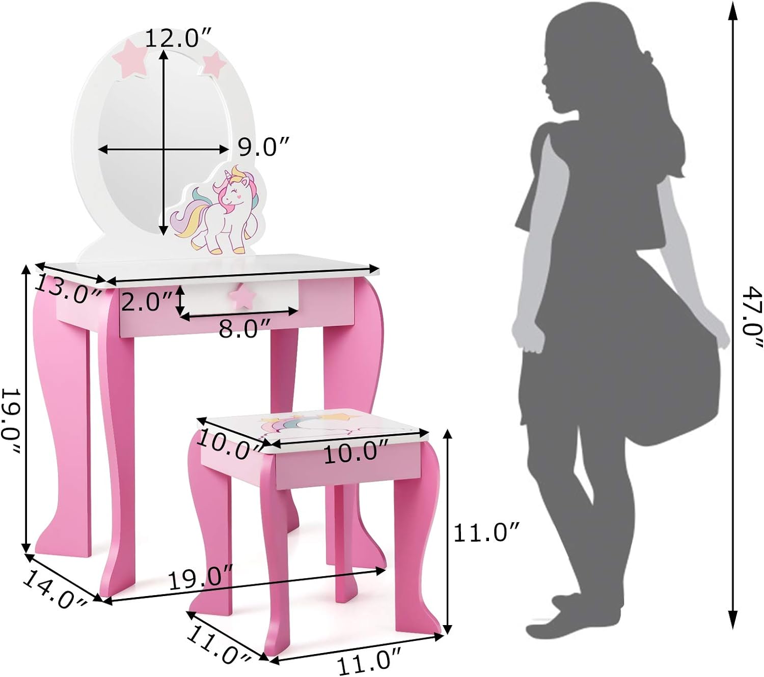 Kids Vanity Set with Mirror, Wooden Princess Makeup Table and Stool Set