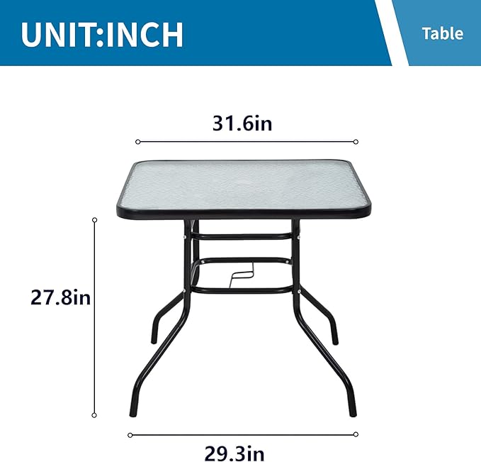 Outdoor Table Patio Table Dining Table with Tempered Glass Umbrella Hole