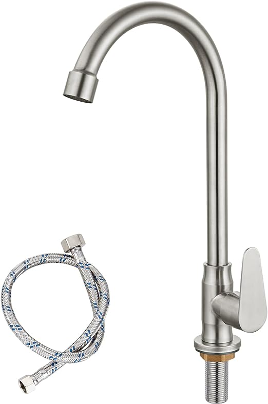 Brushed Nickel Kitchen Faucet Cold Water Only SUS304 Stainless Steel Deck Mounted Single Handle Single Hole High Arc 360 Degree Swivel Spout Bathroom Sink Tap Easy Install with Cold Water Supply Line