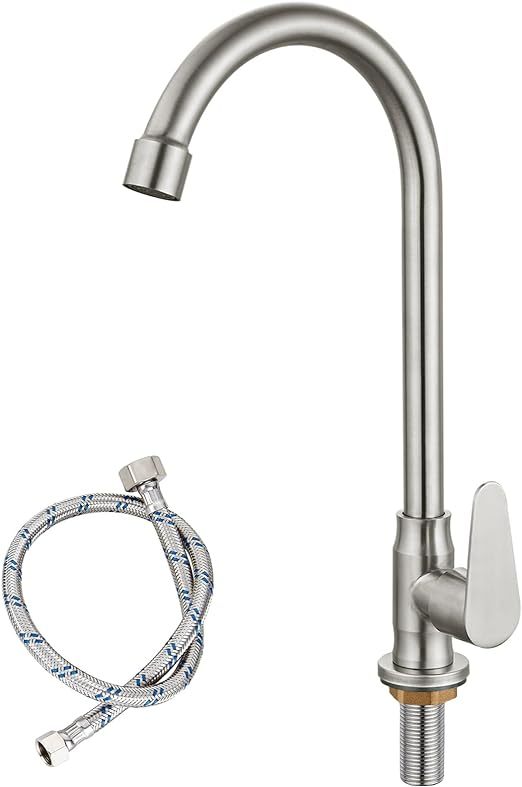 Brushed Nickel Kitchen Faucet Cold Water Only SUS304 Stainless Steel Deck Mounted Single Handle Single Hole High Arc 360 Degree Swivel Spout Bathroom Sink Tap Easy Install with Cold Water Supply Line