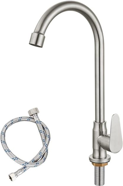 Brushed Nickel Kitchen Faucet Cold Water Only SUS304 Stainless Steel Deck Mounted Single Handle Single Hole High Arc 360 Degree Swivel Spout Bathroom Sink Tap Easy Install with Cold Water Supply Line
