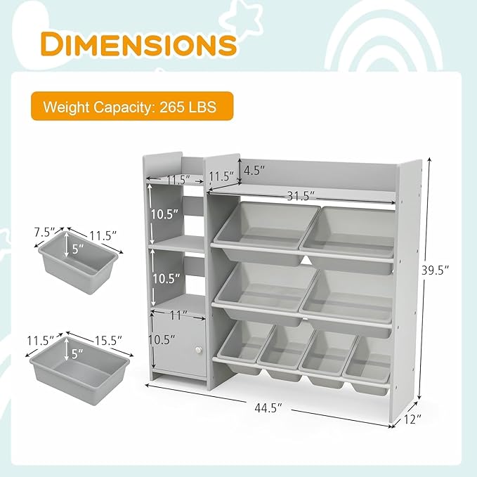 4-Tier Kids Toy Storage Organizer, Kids Shelf & Toy Rack with 8 Removable Storage Organizer