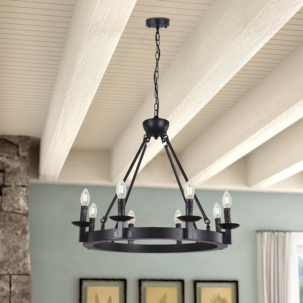 Black Farmhouse Chandeliers Wagon Wheel, Industrial 8 Lights Iron Lighting Candle Style 28", Rustic Hanging Ceiling Light Fixture