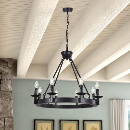Black Farmhouse Chandeliers Wagon Wheel, Industrial 8 Lights Iron Lighting Candle Style 28", Rustic Hanging Ceiling Light Fixture