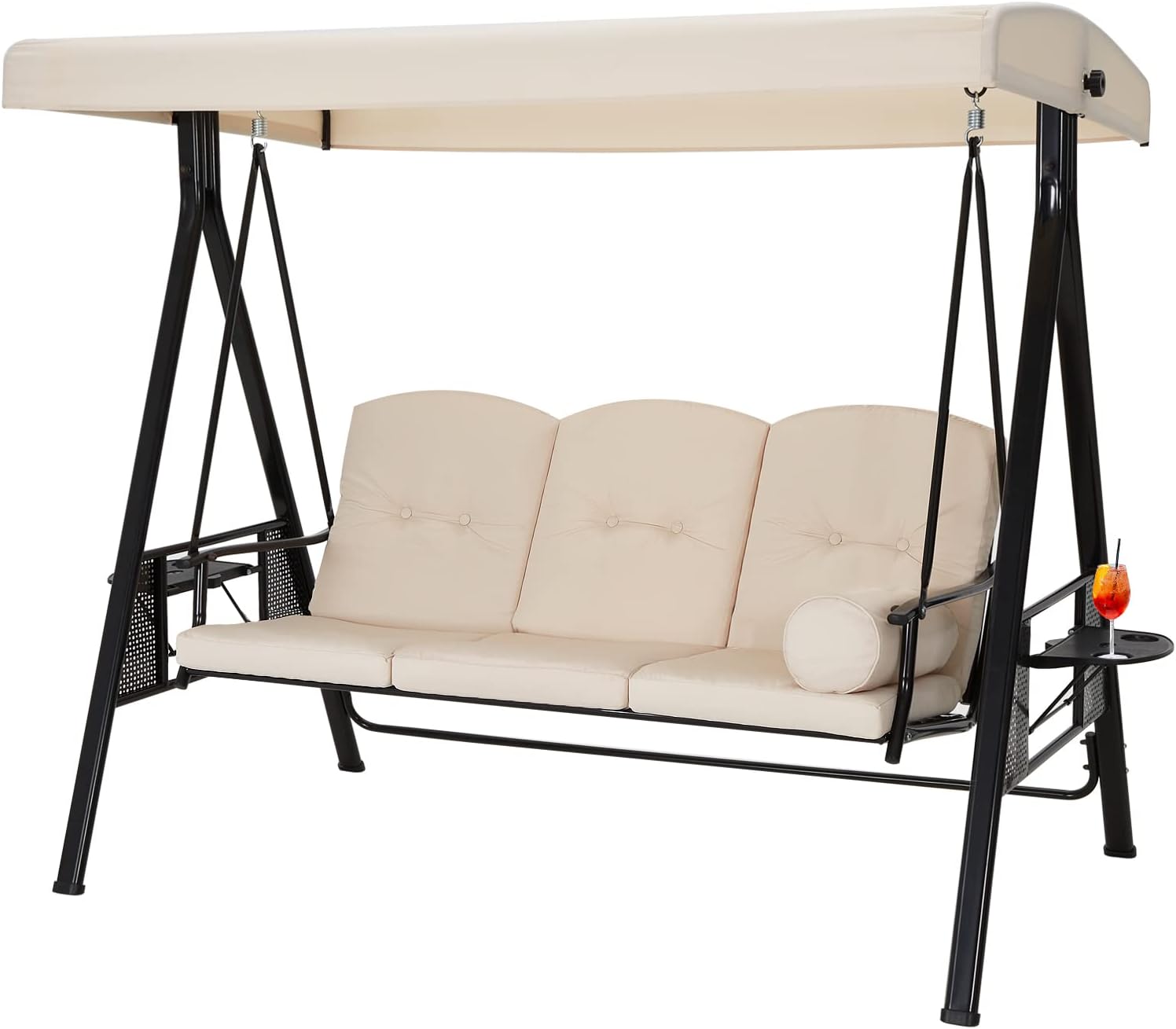 3-Seat Porch Swing Chair, Patio Swing Chair with Stand and Removable Cushions, Outdoor Canopy Swing Chair for Outside, Backyard, Garden(Beige Cushion&Steel Frame)