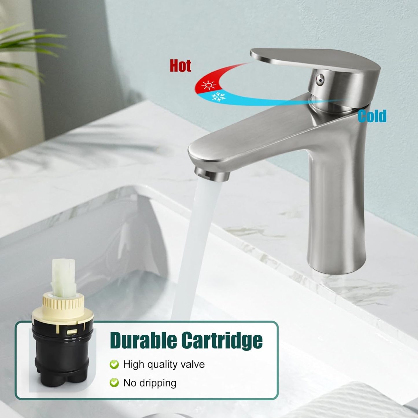 Brushed Nickel Bathroom Faucet Single Handle 1 Hole SUS304 Stainless Steel Deck Mount Lavatory Single Switch Basin Sink Hot and Cold Water Mixer Tap with Pop Up Drain