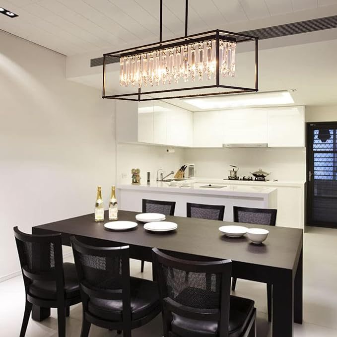 Farmhouse Chandelier for Kitchen Island Light with K9 Crystal, Black Rectangle Dining Room Lighting Fixtures Hanging