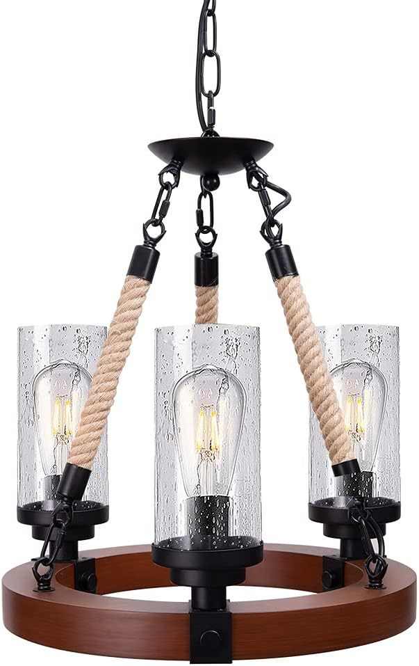 Farmhouse Chandelier, Wood Wagon Wheel Chandelier with Seeded Glass Shade, Hanging Rustic Round 3 Lights Ceiling Pendant Lighting