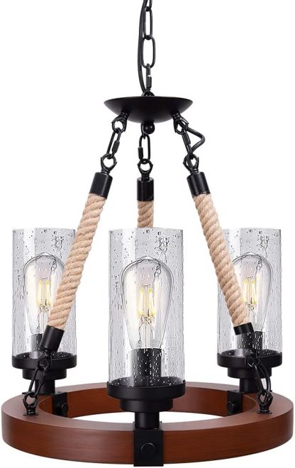 Farmhouse Chandelier, Wood Wagon Wheel Chandelier with Seeded Glass Shade, Hanging Rustic Round 3 Lights Ceiling Pendant Lighting