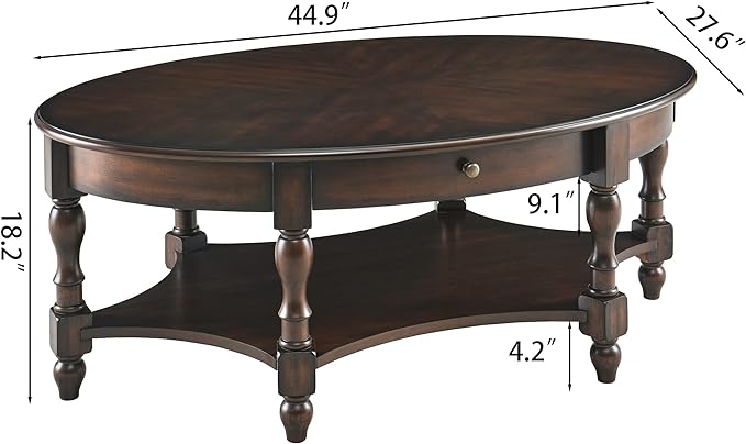 Oval Coffee Table for Living Room, 2-Tier Solid Wood Coffee Table