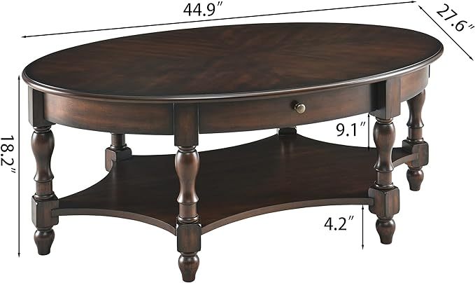 Oval Coffee Table for Living Room, 2-Tier Solid Wood Coffee Table