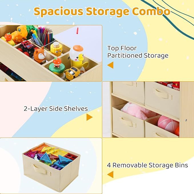 Toddler Craft Drawing Desk with Large Storage Shelves, 4 Storage Bins and Paper Roll