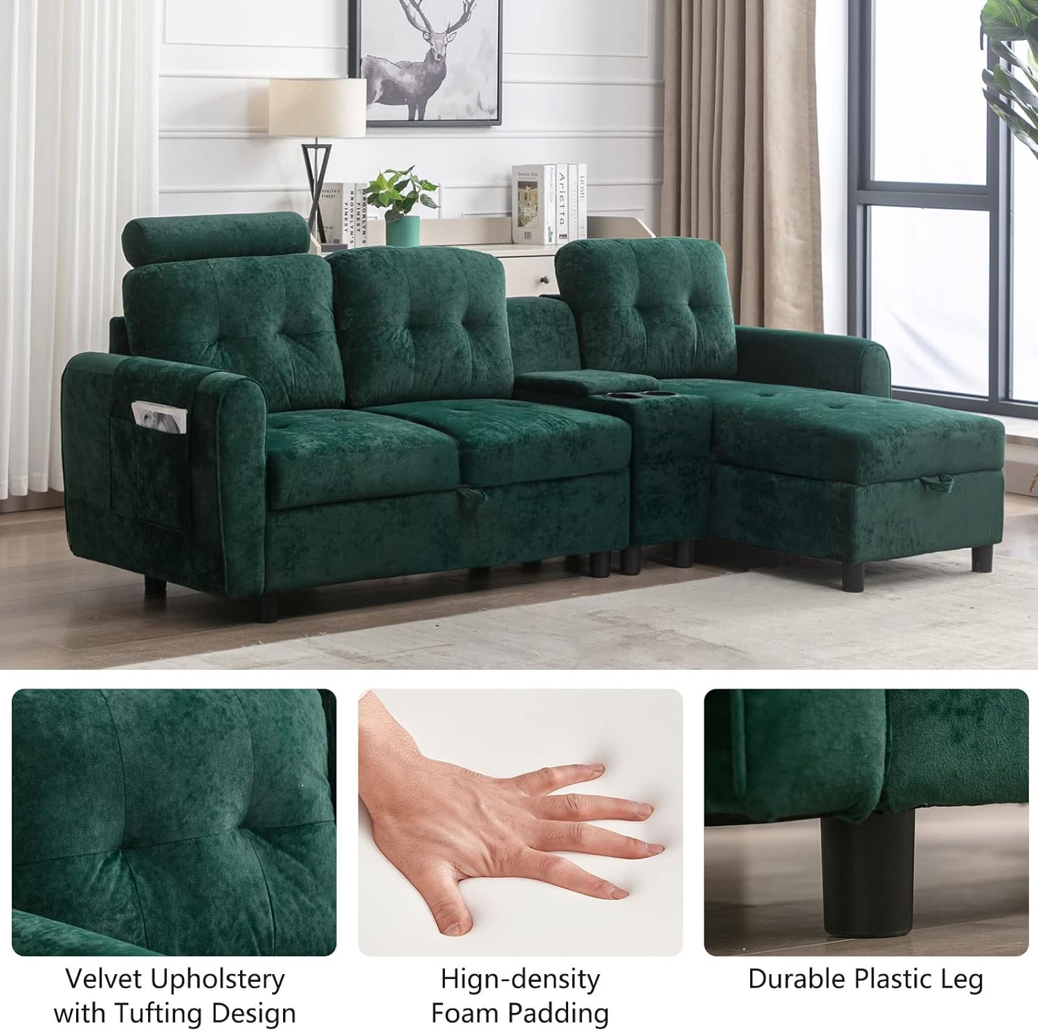 Sectional Sofa Couch with Storage, Small L-Shaped Couches with Chaise & 2 Cup Holders