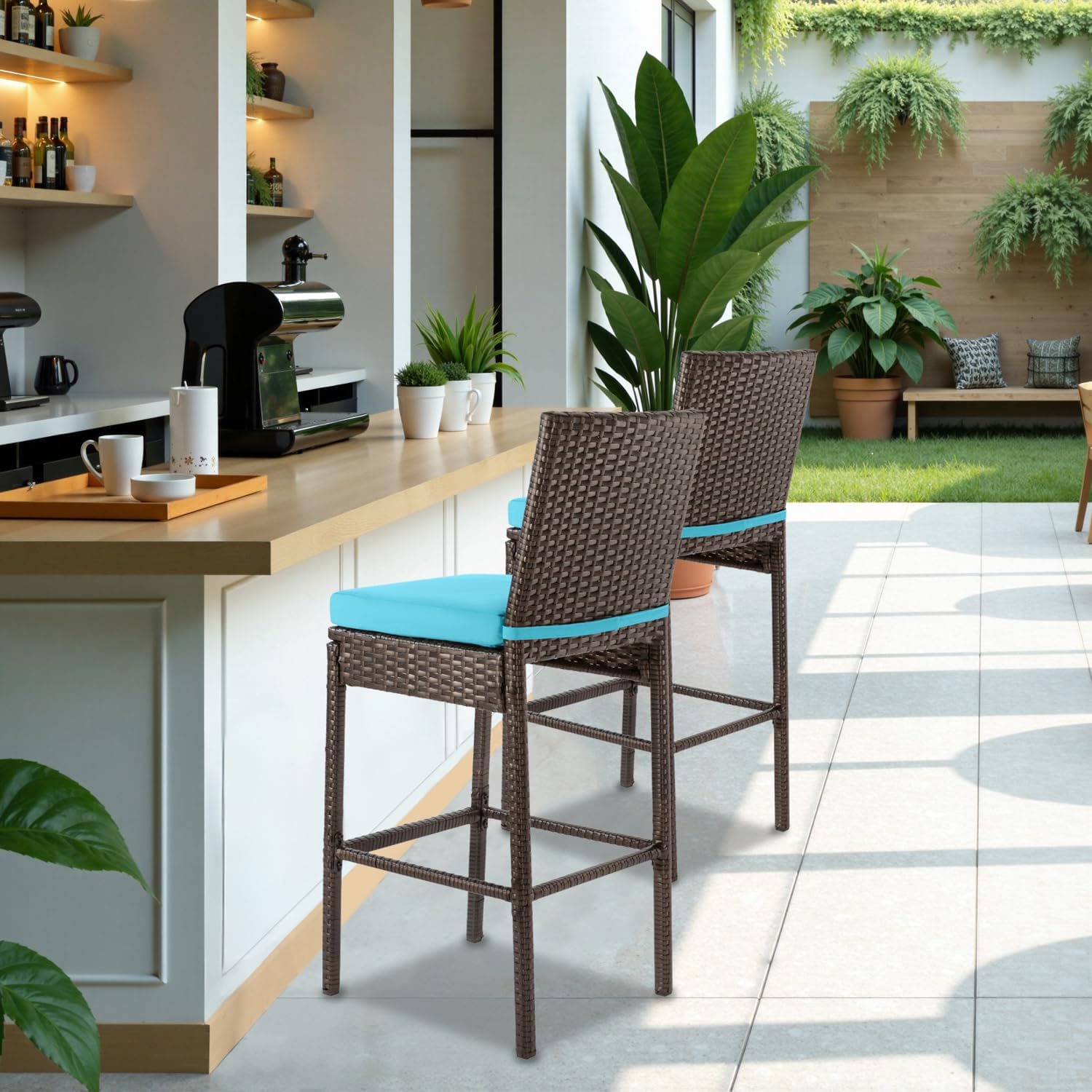 Outdoor Wicker Bar Stool Set of 2,30'' Seat Height Patio Counter Height Bar Chairs