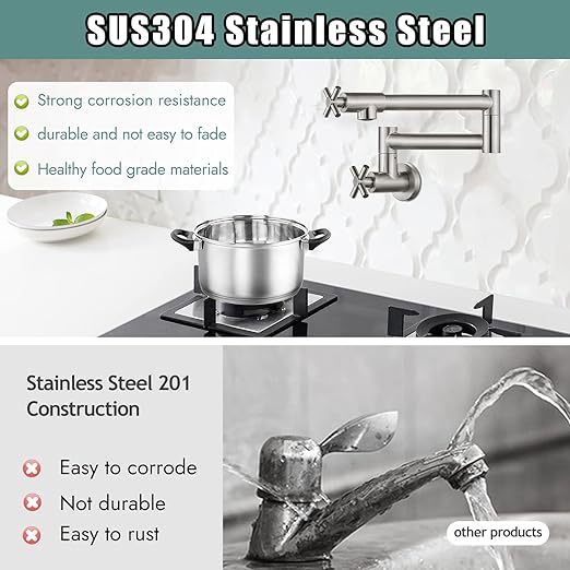 Pot Filler Kitchen Faucet Stainless Steel SUS304 Two Cross Handle Single Hole 19" Spout Wall Mounted Stretchable Swing Arm Brushed Nickel Commercial Kitchen Faucet Control Water