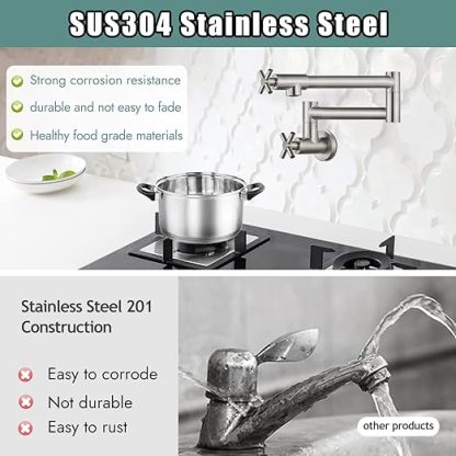 Pot Filler Kitchen Faucet Stainless Steel SUS304 Two Cross Handle Single Hole 19" Spout Wall Mounted Stretchable Swing Arm Brushed Nickel Commercial Kitchen Faucet Control Water