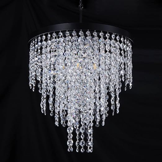 Black Crystal Chandelier 24 inch, 3-Tier Modern Round K9 Crystals Light Fixtures for Dining Room, Contemporary Pendant Light FixtureKitchen Island, Living Room, Bedroom,Foyer