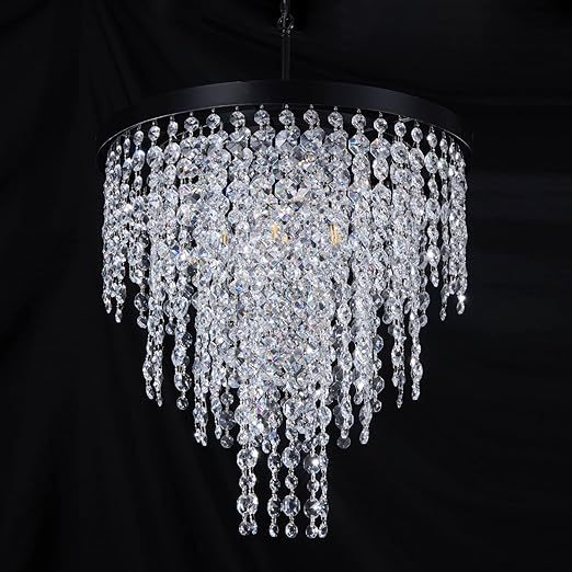 Black Crystal Chandelier 24 inch, 3-Tier Modern Round K9 Crystals Light Fixtures for Dining Room, Contemporary Pendant Light FixtureKitchen Island, Living Room, Bedroom,Foyer