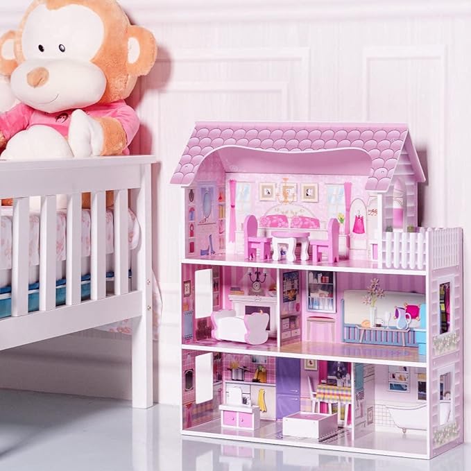 Dollhouse with 8 Pcs Furniture, 3-Level Wooden Dream Doll House