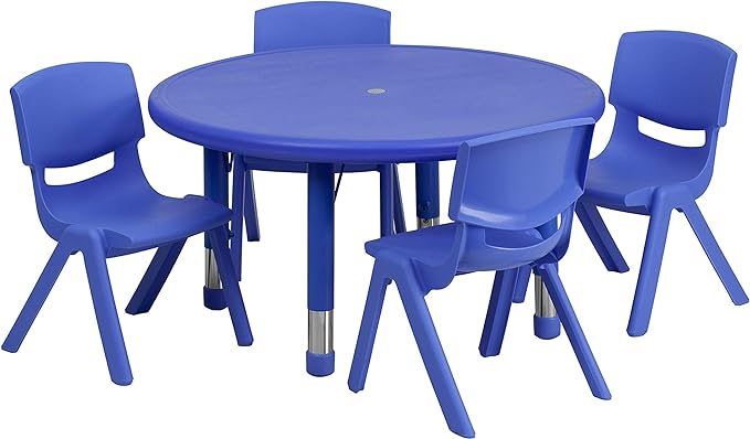33'' Round Blue Plastic Height Adjustable Activity Table Set with 4 Chairs