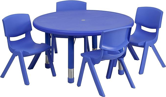 33'' Round Blue Plastic Height Adjustable Activity Table Set with 4 Chairs