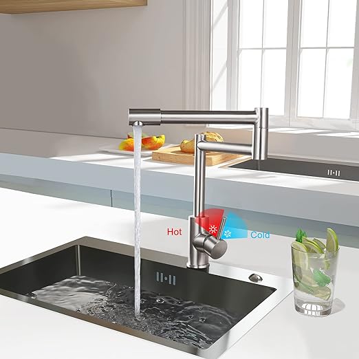 Brushed Nickel Pot Filler Faucet Deck Mounted Single Handle Double Joints Free Rotating Modern Pot Filler Deck Mounted Countertop Retractable Commercial Kitchen Sink Faucet Stainless Steel