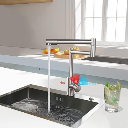 Brushed Nickel Pot Filler Faucet Deck Mounted Single Handle Double Joints Free Rotating Modern Pot Filler Deck Mounted Countertop Retractable Commercial Kitchen Sink Faucet Stainless Steel