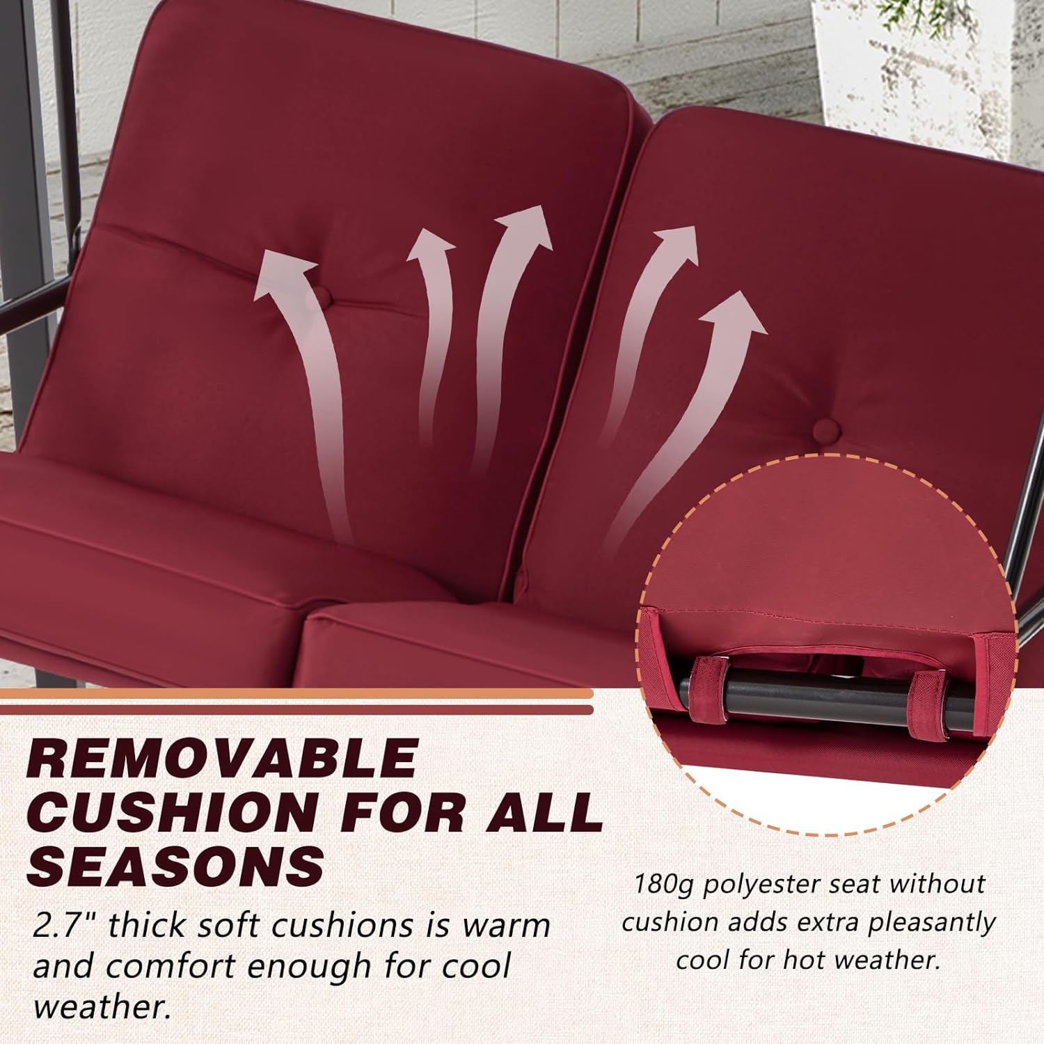 2-Seat Outdoor Patio Swing Chair, Canopy Swing with Removable Cushions & Adjustable Canopy & Steel Frame for Garden, Porch, Balcony, Backyard, Red