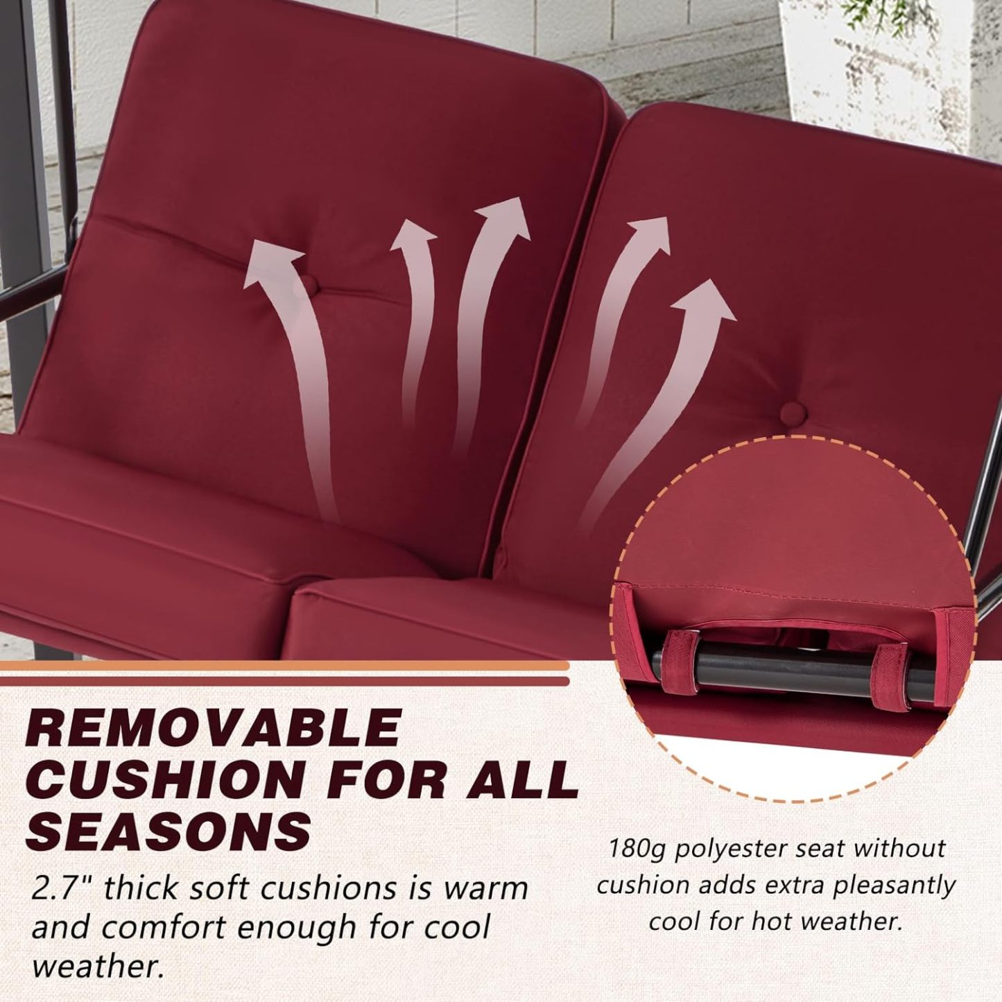 2-Seat Outdoor Patio Swing Chair, Canopy Swing with Removable Cushions & Adjustable Canopy & Steel Frame for Garden, Porch, Balcony, Backyard, Red