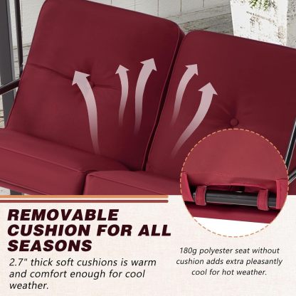 2-Seat Outdoor Patio Swing Chair, Canopy Swing with Removable Cushions & Adjustable Canopy & Steel Frame for Garden, Porch, Balcony, Backyard, Red