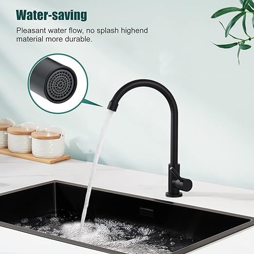 Matte Black Cold Water Only Kitchen Faucet SUS304 Sink Faucets High Arc Gooseneck 360 Degree Rotation Spout Basin Tap with Longer Thread Pipe