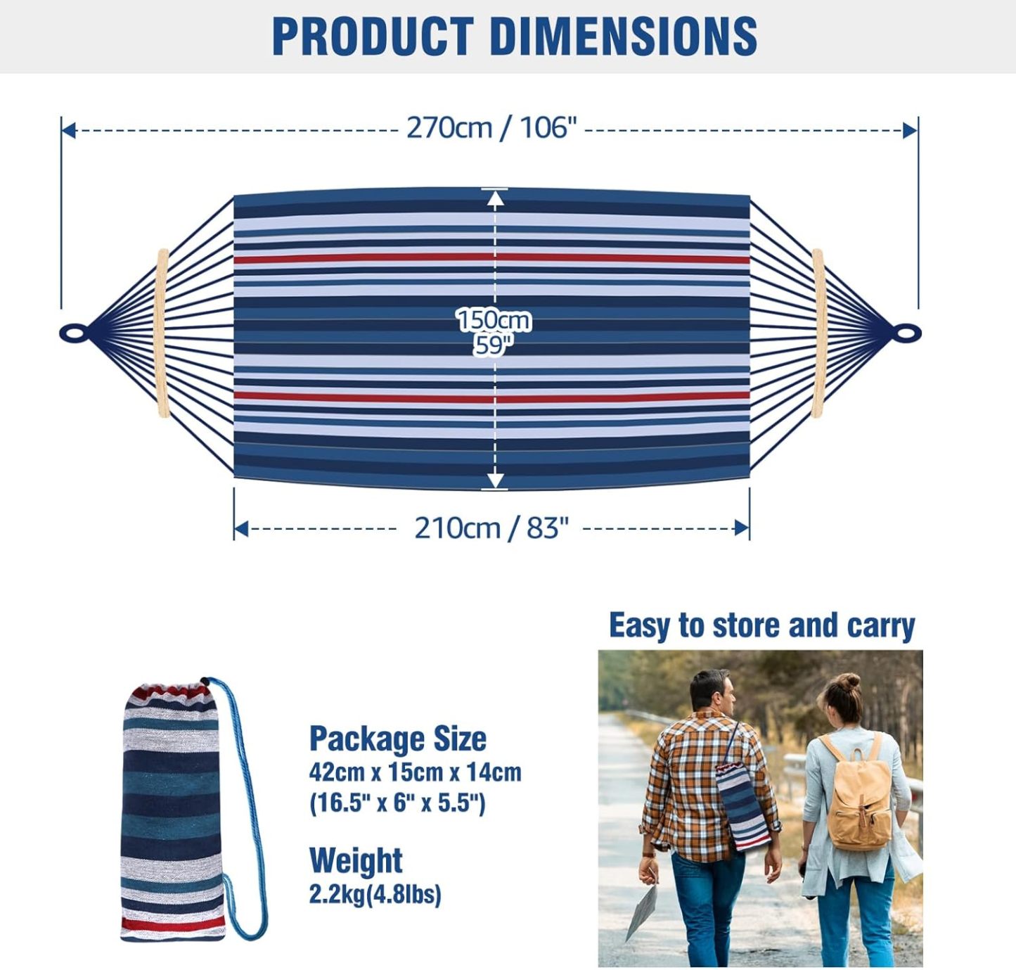 Garden Cotton Hammock Comfortable Fabric Hammock with Spreader Bar Durable Hammock Up to 450lbs Portable Lightweight Hammock with Travel Bag,Perfect for Camping Outdoor/Indoor Patio Backyard