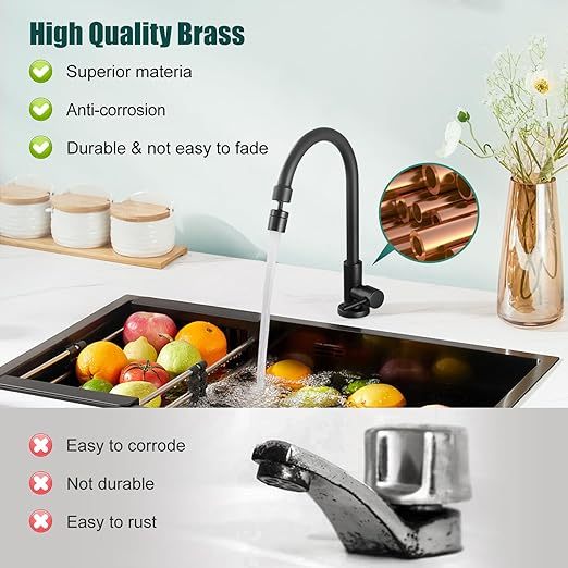 Cold Water Only Kitchen Faucet 360 Degree Swivel Spout Matte Black High Arc Sink Tap Brass Faucet Goose Neck