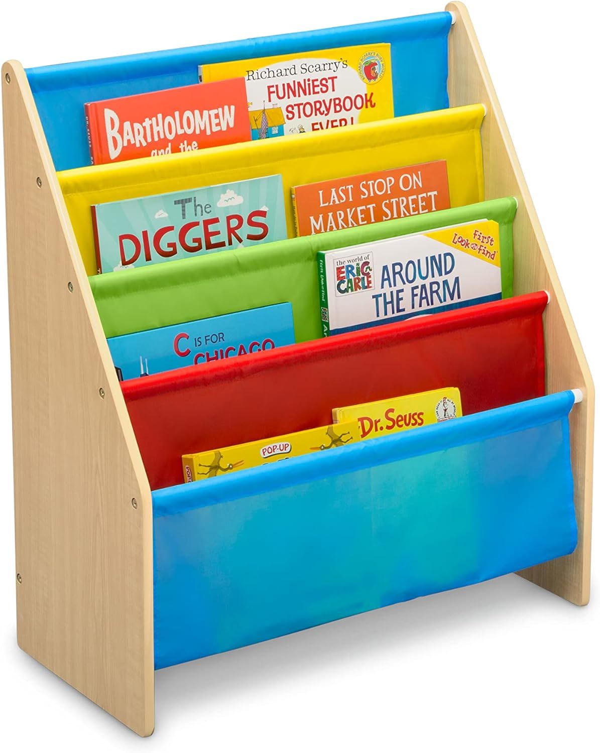 Sling Book Rack Bookshelf, 4-Tier Wooden Shelf with Soft Fabric Pockets